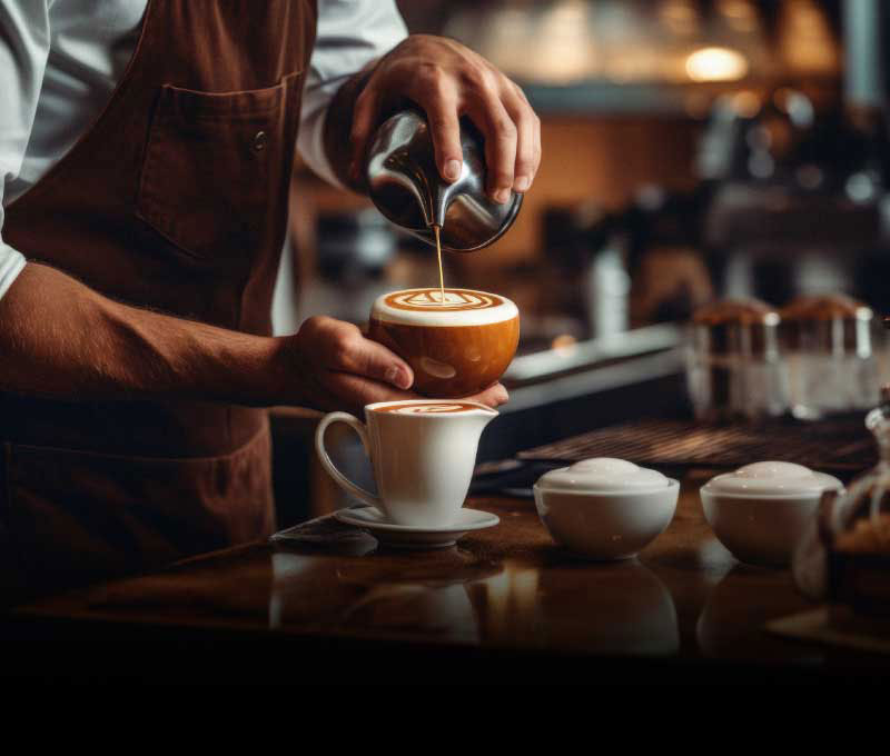 A barista pouring a design into the foam of a specialty coffee drink.