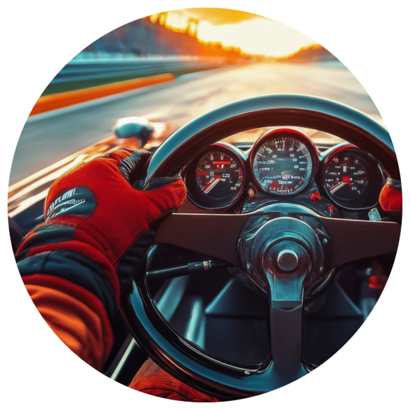 A view from the perspective of a race car driver holding the steering wheel while driving at extreme speed on a track and passing the grandstands.